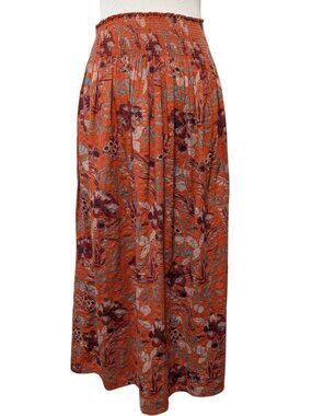 Natural Life Womens Size M Rust Orange Floral Smocked Waist Midi Cottage Skirt